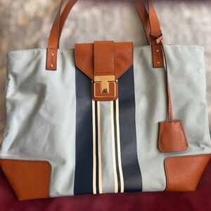 Tory Burch Tan and Blue Striped Tote